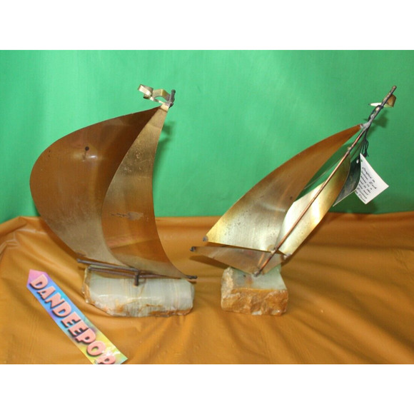 Vintage Pair Brass Metal Steel Onyx Sailboat Sculptures DeMott And Mario Jason - Picture 6 of 16